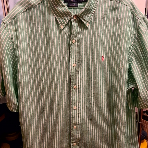 Ralph Lauren Green and White Striped 100% Linen Shirt - Picture 1 of 6